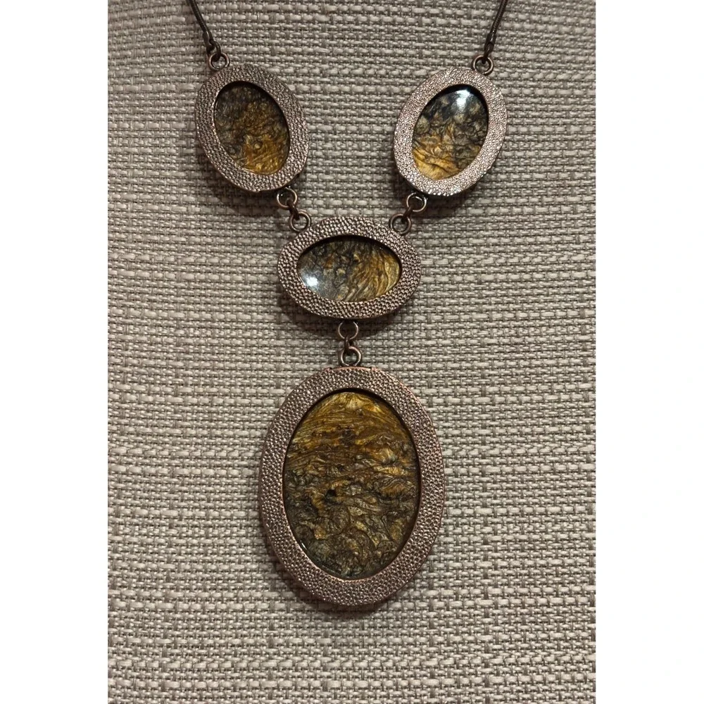 Boho Copper Tone Tiered Statement Necklace Faux Pietersite Resin Oval Pendants